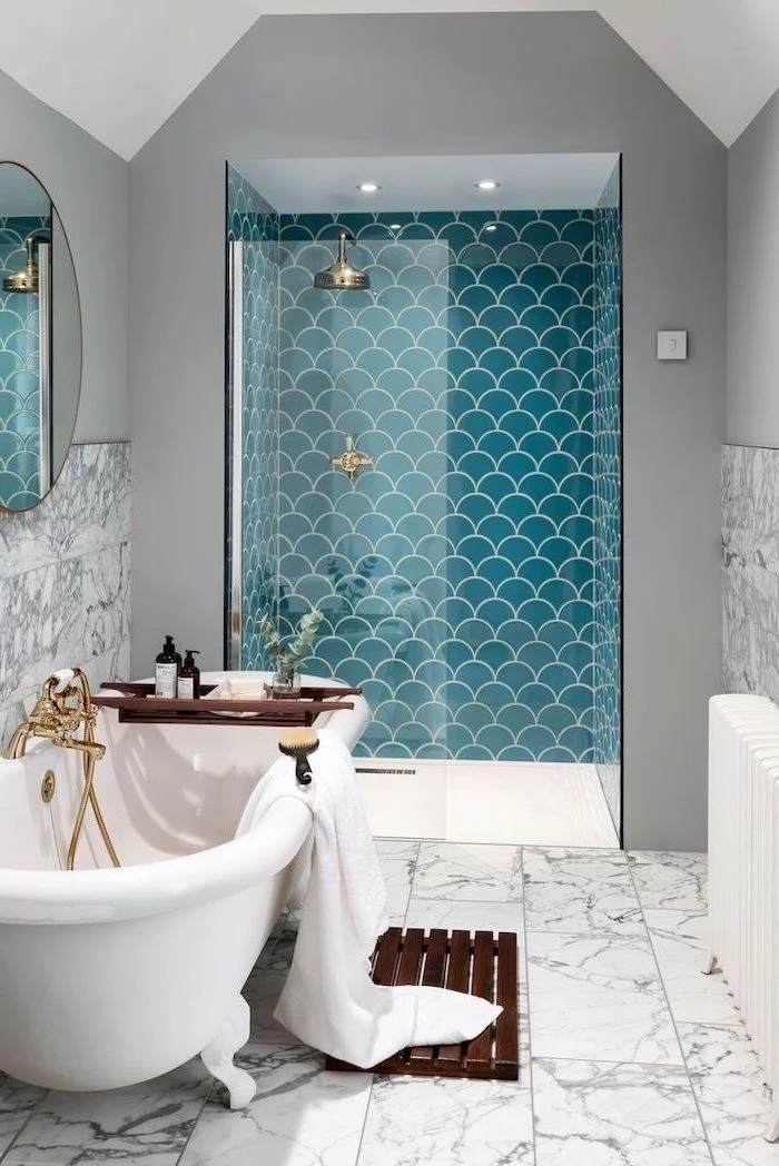 blue mermaid scale tiles in the shower bathroom backsplash ideas marble tiles on the floor and half of gray walls around bathtub