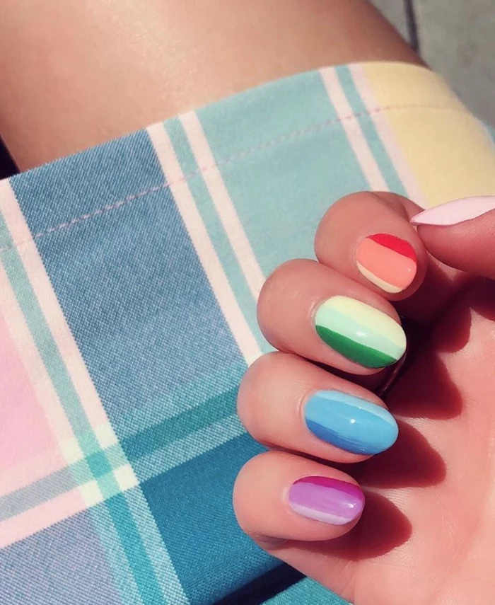blue pink green red orange shades on each nail summer acrylic nail designs short almond nails