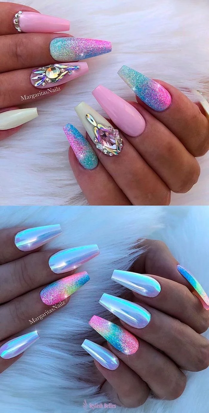 blue pink white mermaid nails with glitter cute nail designs monochromatic decorations with rhinestones and glitter long coffin nails