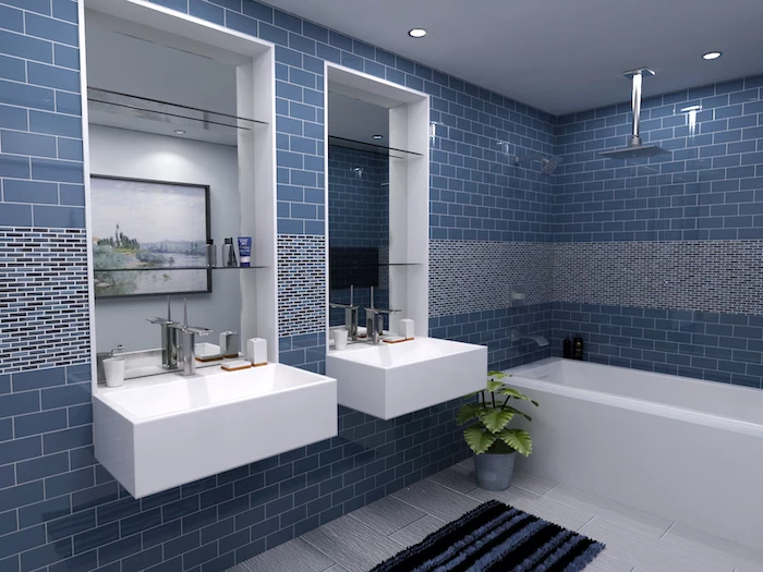 blue subway tiles with small mosaic accents going through the middle of the walls bathroom floor tiles in white