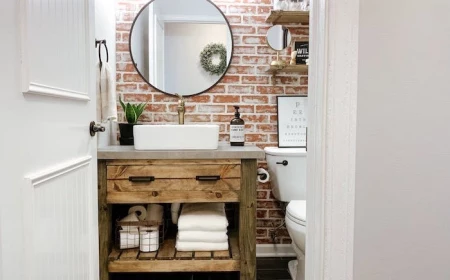 brick wall behind wooden vanity with open shelving round mirror above it farmhouse bathroom wall decor wooden shelves above the toilet