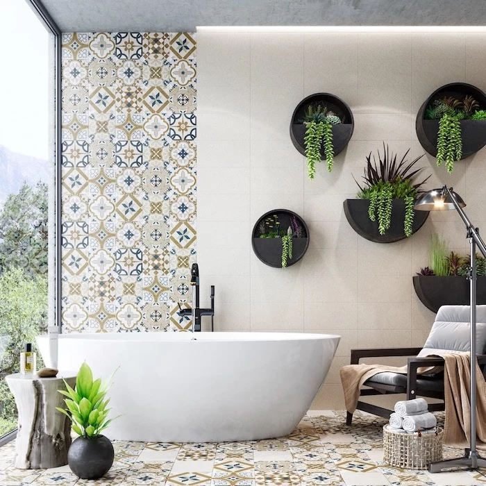brown blue white tiles with print on the floor and half of the wall how to tile a bathroom floor white tiles on the rest of the wall with hanging pots