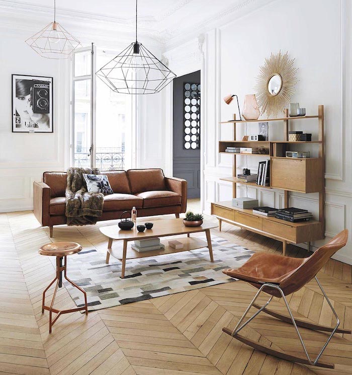 brown leather sofa and armchair wooden coffee table and bookcase mid century modern interior design carpet on wooden floor white walls