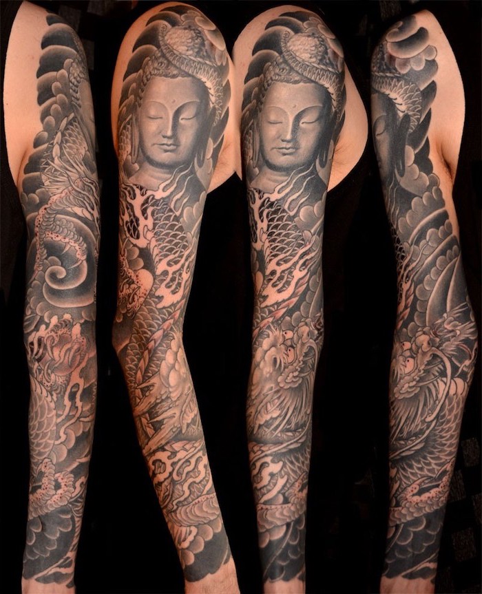 buddha and dragon whole sleeve tattoo photographed from every angle meaningful tattoos for women black background