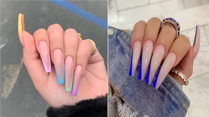coffin nails side by side photos cute acrylic nail ideas french manicure in blue yellow pink green purple