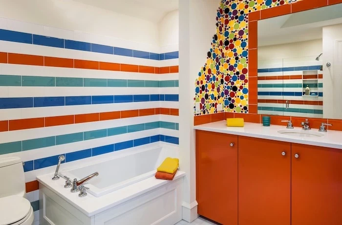 colorful accents on white walls in blue orange green yellow bathroom tile ideas for small bathrooms orange vanity