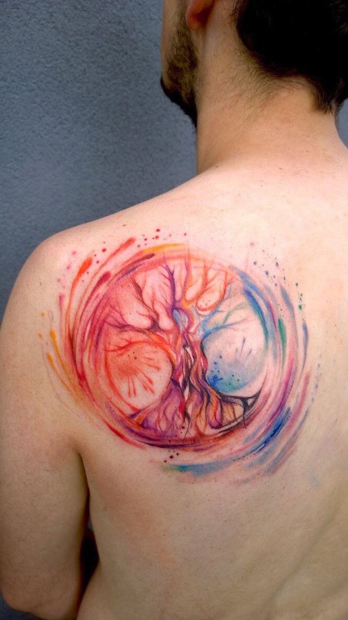 colorful back shoulder tattoo of tree of life sleeve tattoo ideas for men blue pink orange yellow green purple colors used