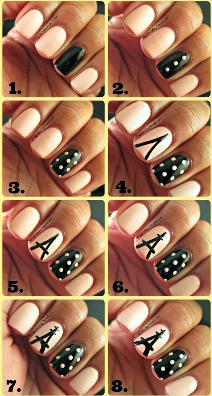 cute nail designs step by step diy tutorial photo collage pink and black nail polish eiffel tower drawn on middle fingers
