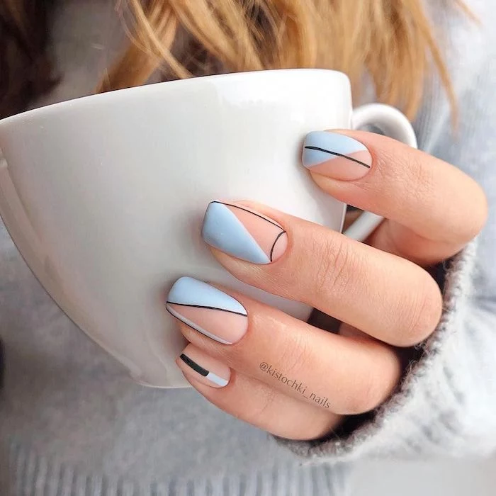cute nail ideas nude and blue matte nail polish with black lines on medium length squoval nails