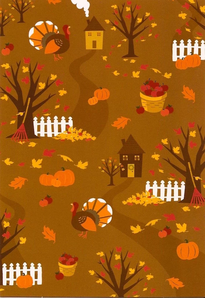 cute thanksgiving backgrounds orange background drawings of turkeys houses trees baskets full of apples