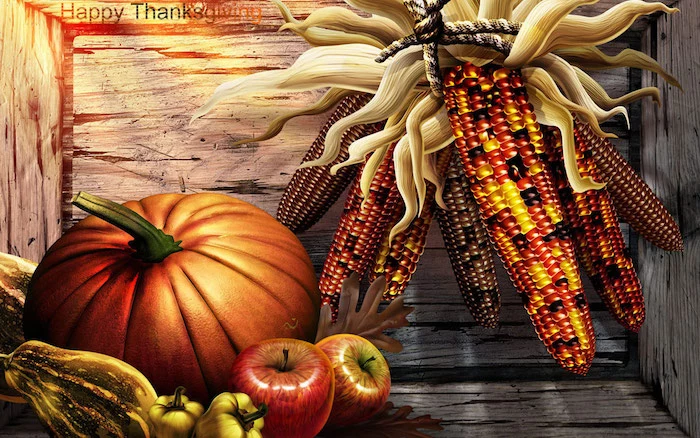 cute thanksgiving wallpaper digital drawing of corn pumpkin apples peppers in wooden crate