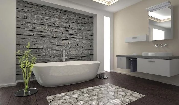 dark wood floor bathroom shower tile ideas stone like 3d tiles behind white bathtub floating vanity