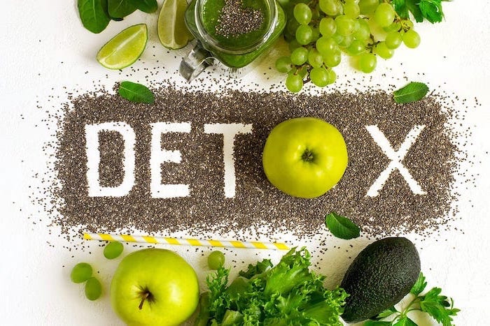 detox written with chia seeds apples avocado grapes lime spinach parsley mint green salad on the side how to detoxify your body