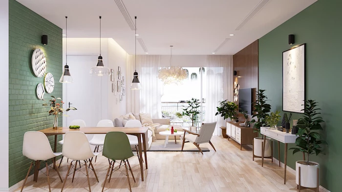 dining room and living room open space what is scandinavian green walls wooden table white and green chairs