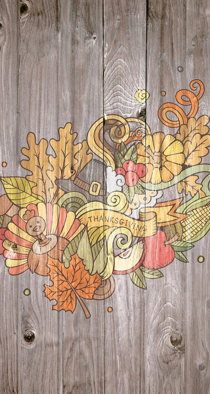 drawings of turkeys pumpkins apples fall leaves thanksgiving written under them cute thanksgiving backgrounds wooden background