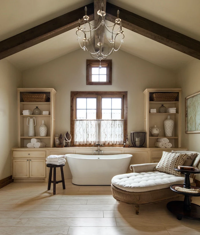 exposed wood beams on ceiling wood like tiles rustic bathroom decor bath in the middle armchair next to it