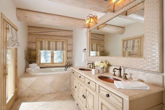 exposed wood beams on the ceiling modern farmhouse bathroom vanity tiled floor wooden vanity with two sinks large mirror above it