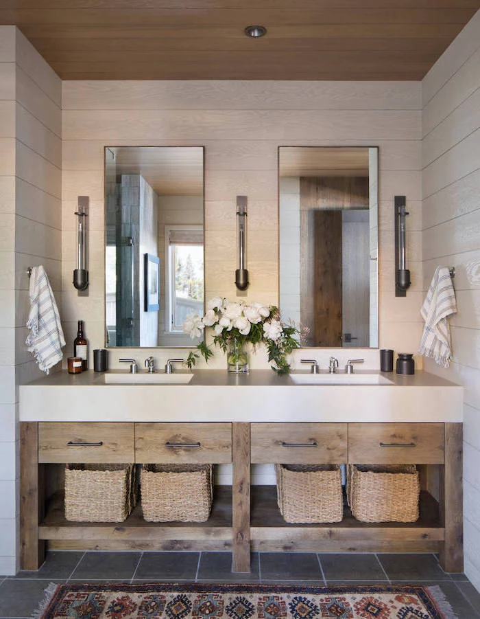 farmhouse bathroom decor vanity with wooden shelves open shelving two sinks and mirrors shiplap on the wall