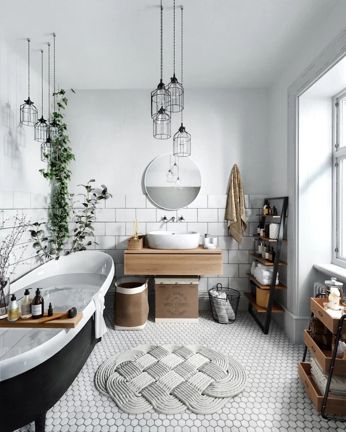 farmhouse decor in bathroom with scandinavian interior design black bathtub floating wooden vanity white honeycomb tiles on the floor