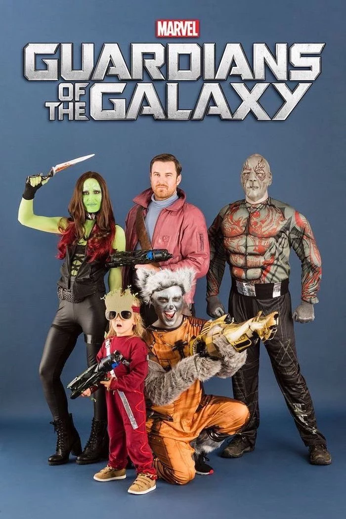 five people dressed as the characters from guardians of the galaxy trio halloween costumes gamora quill rocket groot drax