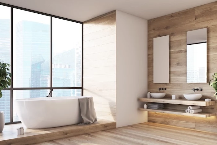 floating wooden vanity bathroom floor tile ideas wooden walls and floor large window behind the bathtub