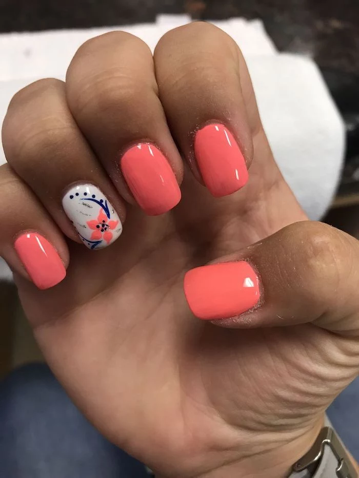 flower decoration on ring finger acrylic nail ideas orange nail polish on short nails with squoval shape