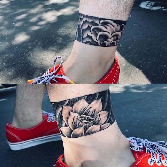 flower with waves wrap around ankle tattoo shoulder tattoos for men on man wearing red sneakers side by side photos