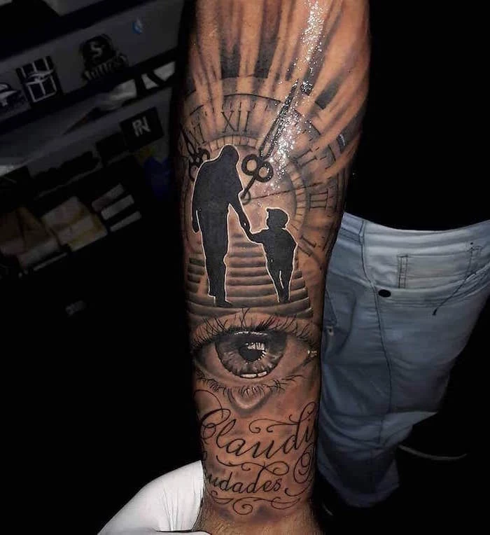 forearm sleeve tattoo simple tattoos for men man holding children hand walking towards clock eye below them