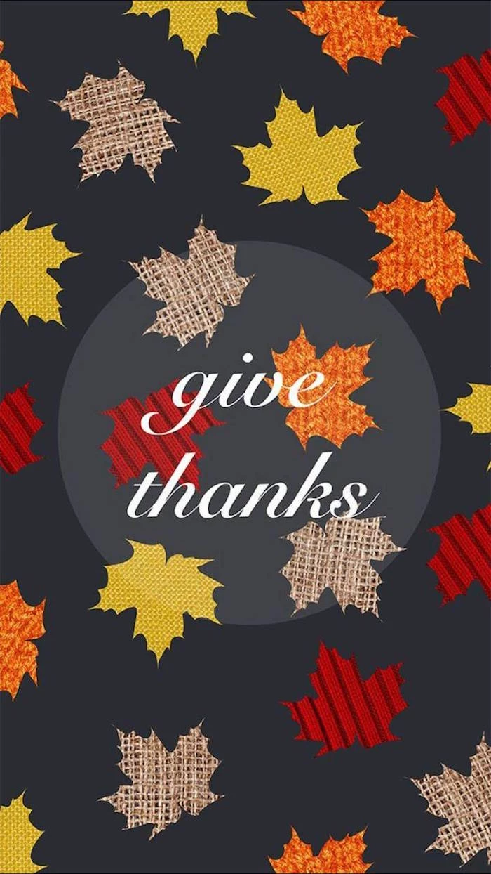 give thanks written with white cursive font in the middle background thanksgiving wallpaper drawings of orange yellow brown fall leaves