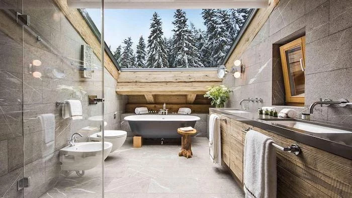 glass ceiling above bath with tiled walls and floor modern farmhouse bathroom vanity floating wooden vanity with two sinks