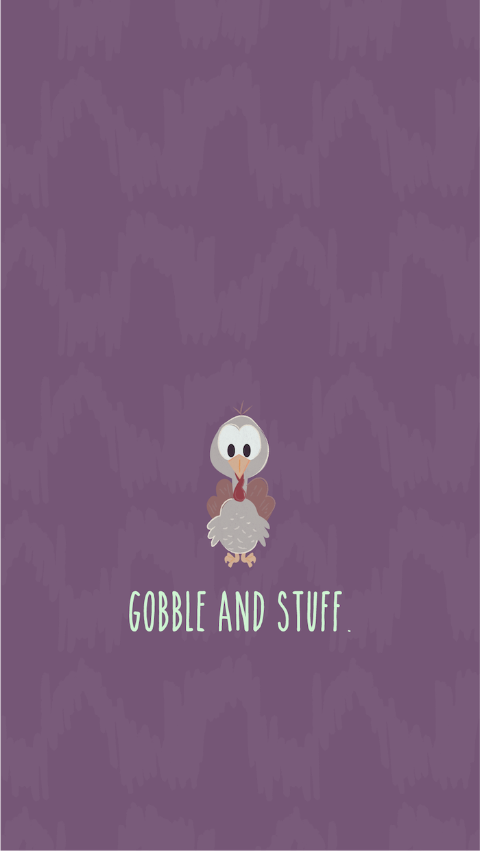 gobble and stuff written under drawing of small turkey happy thanksgiving wallpaper purple background