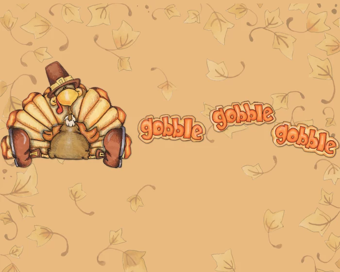 gobble written three times in orange next to drawing of turkey sitting cute thanksgiving wallpaper yellow background