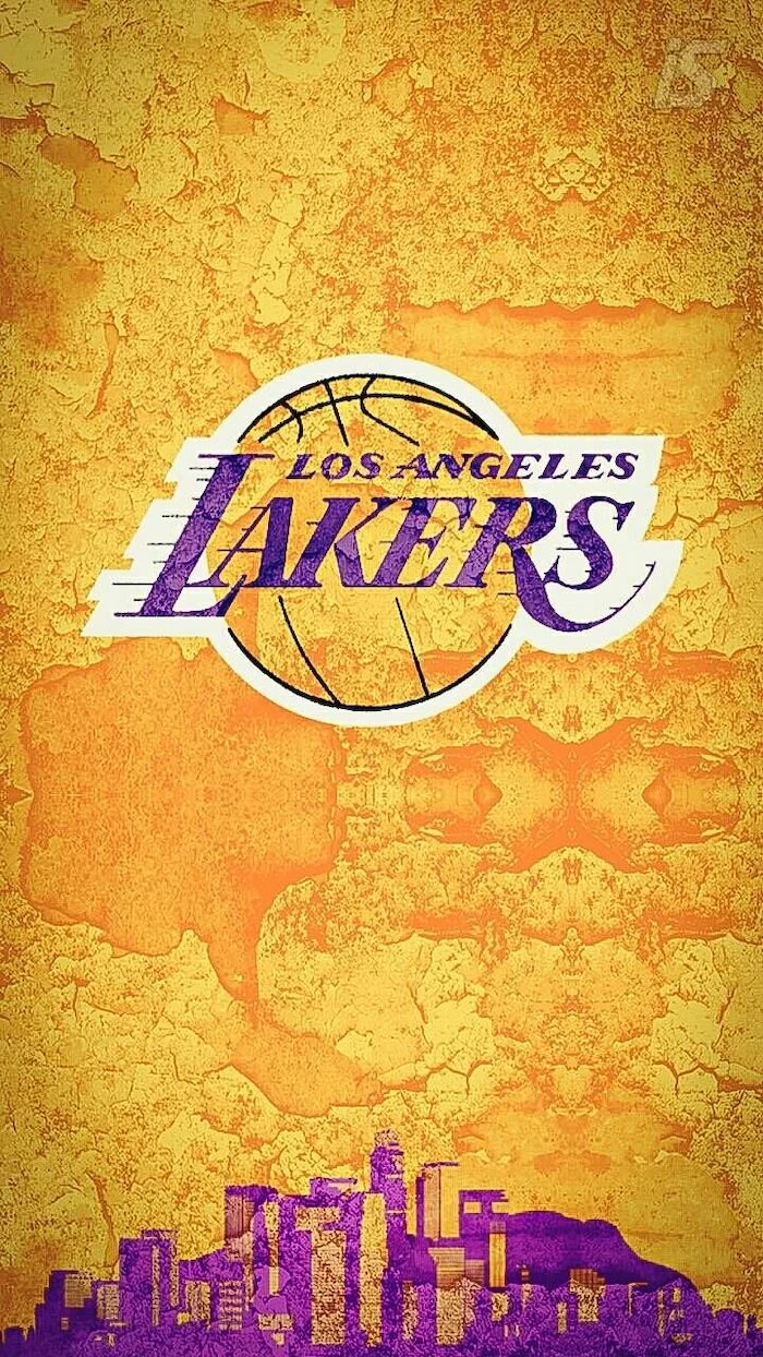 gold background purple drawing of los angeles skyline at the bottom nba wallpaper iphone lakers logo in the middle