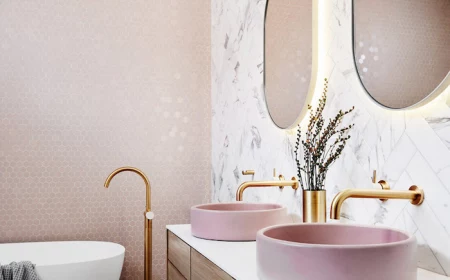 gold brass faucets pink sinks on wooden floating vanity best flooring for bathroom marble subway tiles behind sink pink mosaic tiles behind bathtub