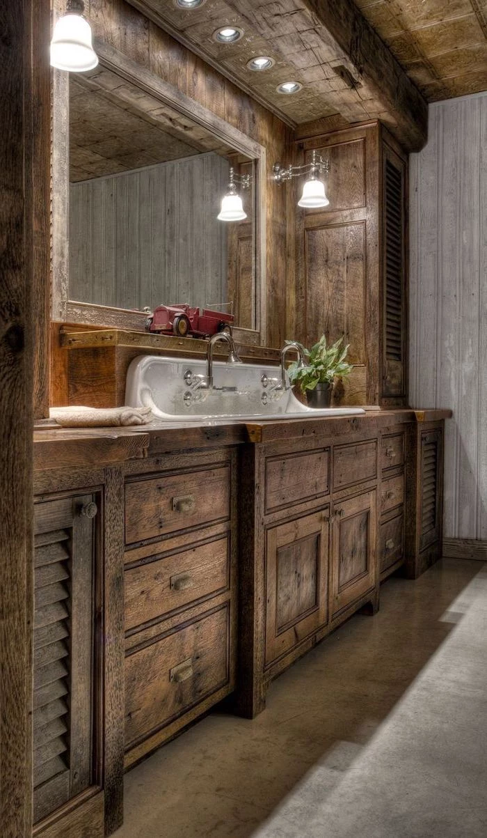 granite floor farmhouse bathroom wall decor wooden vanity with cabinets sink with two faucets large mirror