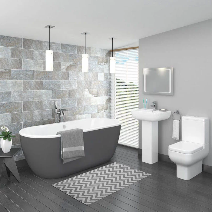 gray wooden tiles on the floor tile shower ideas for small bathrooms stone like tiles accent wall behind the bathtub