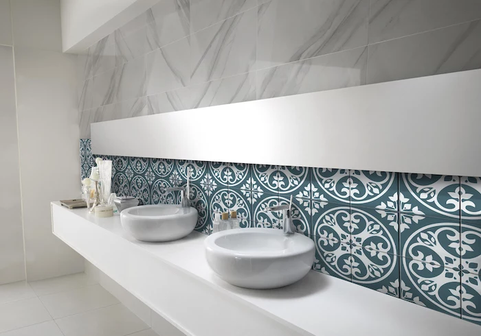 green and white tiles with print as accent behind the sinks marble tiles on the top tile shower ideas for small bathrooms white tiles on the floor