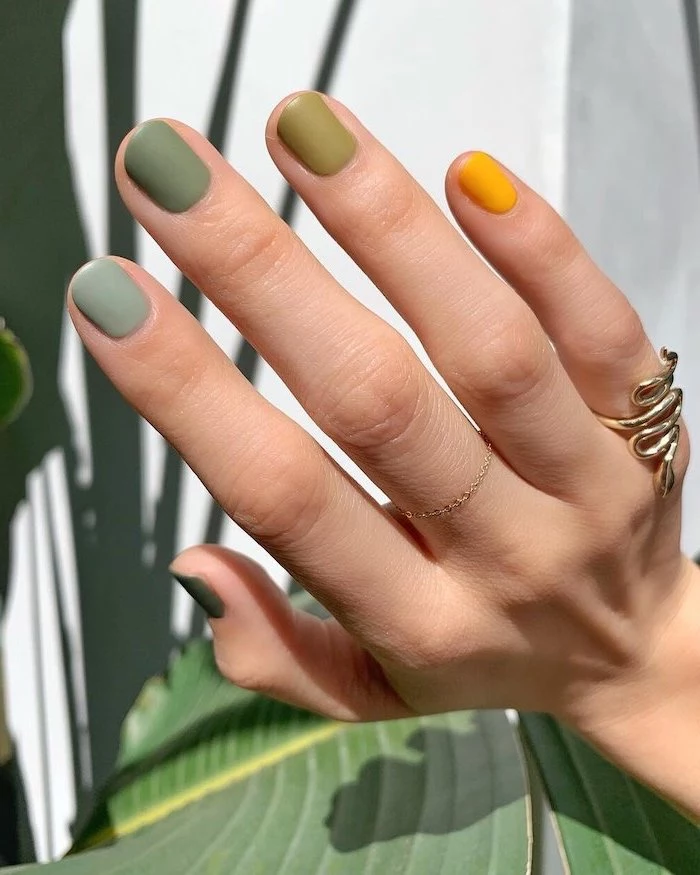 green and yellow matte nail polish in different shades simple nail designs short squoval nails