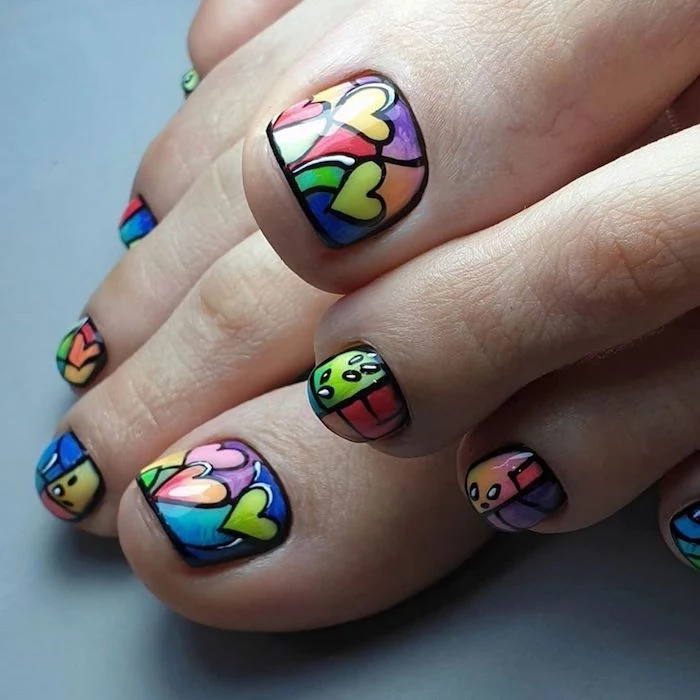 green orange purple yellow red blue hearts separated with black lines acrylic nail ideas colorful pedicure