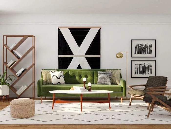 green sofa black armchairs mid century modern house white carpet on wooden floor wooden bookcase on the side