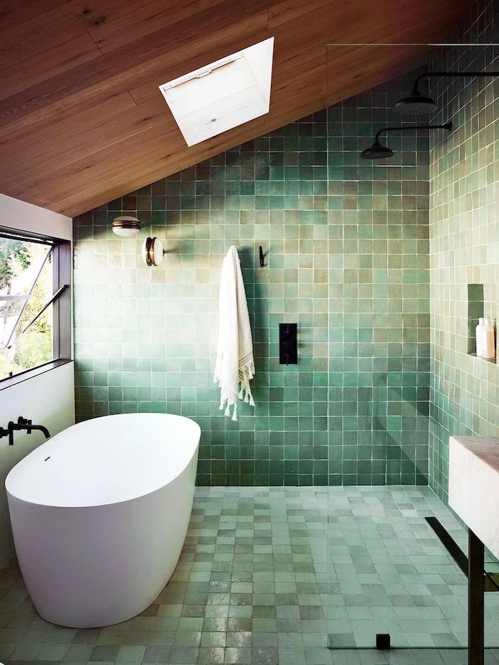 green turquoise brown square tiles on the walls and floor bathroom shower tile ideas wooden ceiling white bathtub