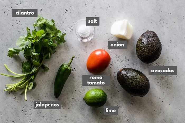 guacamole ingredients mexican food recipes cilantro salt onion avocados roma tomato jalapenos lime