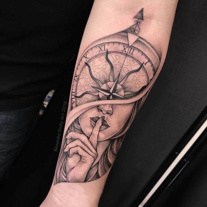 half of female face other half of clock with roman numerals sleeve tattoo ideas for men black background
