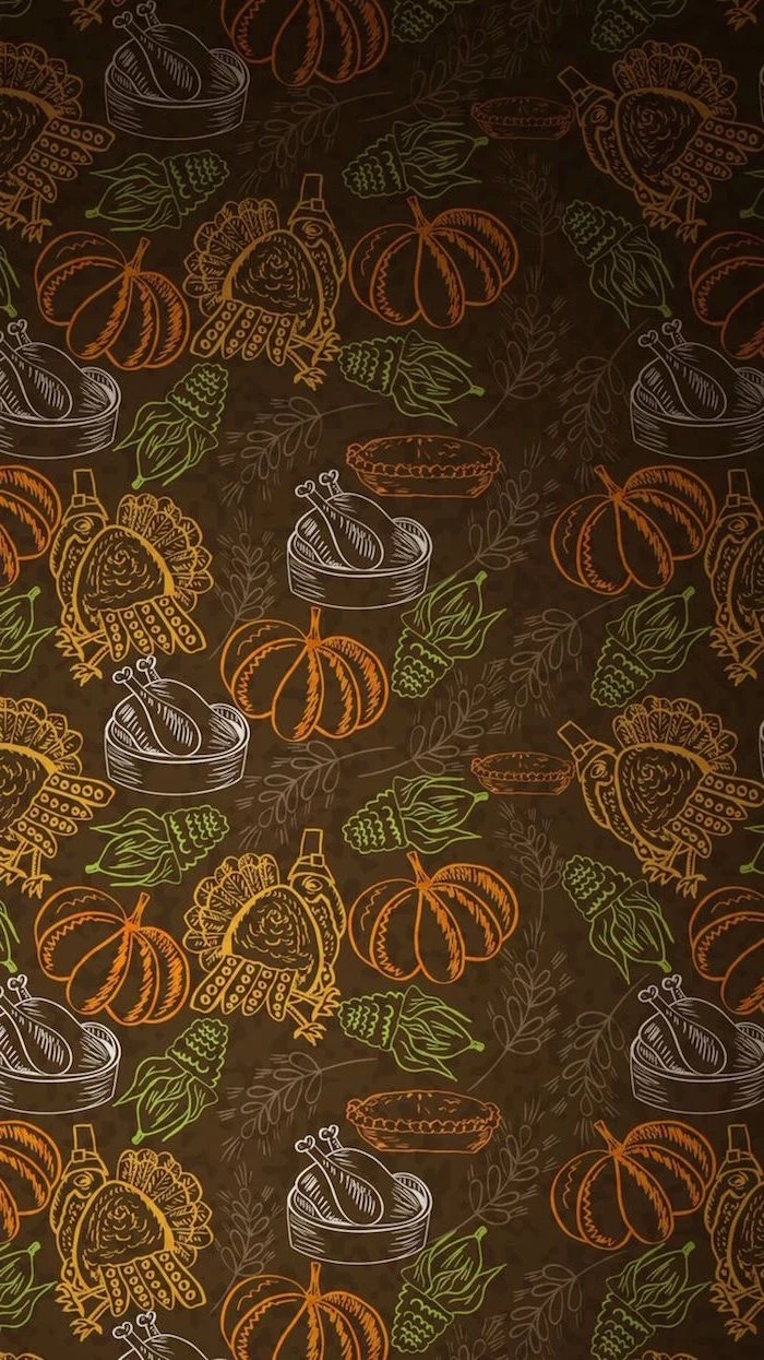 happy thanksgiving wallpaper brown background drawings of turkeys pumpkins corn cooked turkey