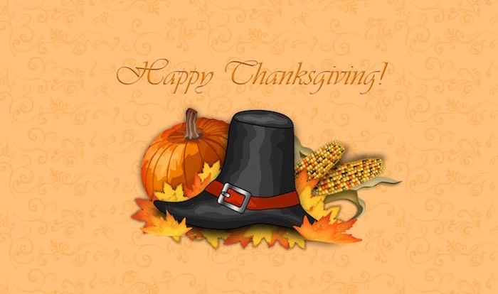 happy thanksgiving written in orange cursive above drawing of pilgrim hat corn pumpkin fall leaves thanksgiving desktop wallpaper orange background
