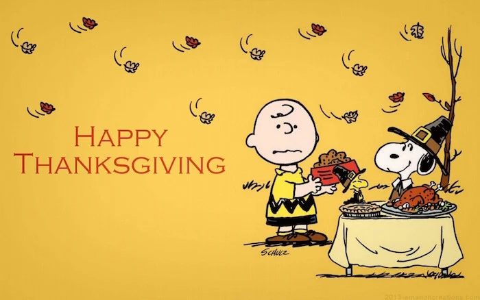 happy thanksgiving written next to drawing of charlie brown eating thanksgiving dinner with snoopy thanksgiving iphone wallpaper yellow background