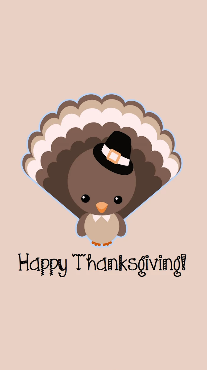 happy thanksgiving written under kawaii drawing of turkey with pilgrim hat thanksgiving wallpaper hd