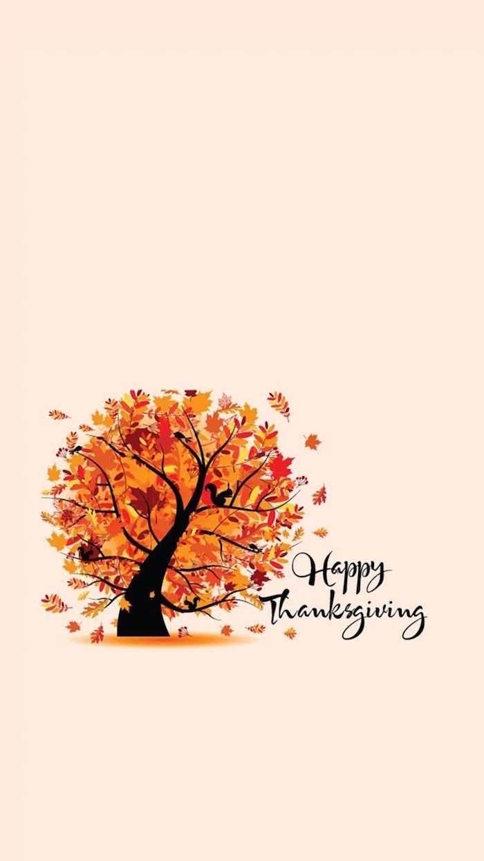 happy thanksgiving written with black cursive font next to drawing of tree with fall leaves in orange yellow free thanksgiving wallpaper white background