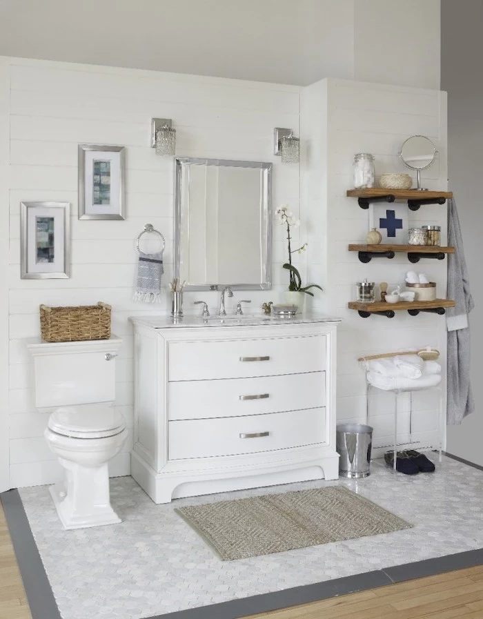 honeycomb ceiling with rug in front of toilet and vanity rustic bathroom decor white shiplap on the walls wooden shelves