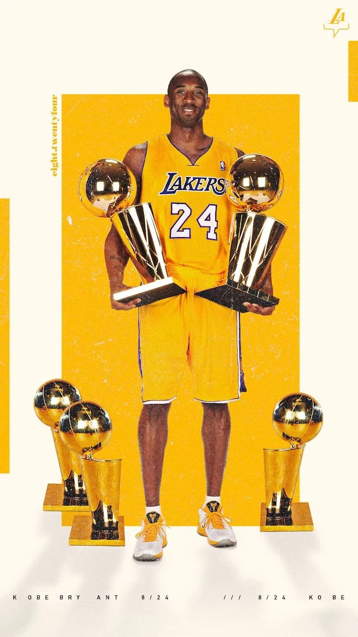kobe bryant posing with five larry obrien trophies nba wallpaper iphone wearing gold lakers uniform